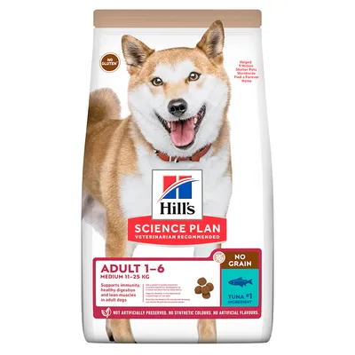 Hill's Science Plan Adult 1-6 Medium 11-25 kg, bez lepku, hlavní složka tuňák. Podporuje imunitu, zdravé trávení a růst svalů u dospělých psů.