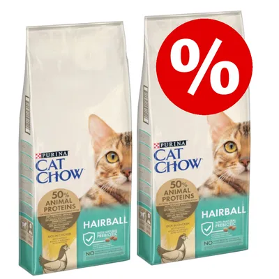 To poser Purina Cat Chow Hairball kattefoder, 50 % animal proteins, rich in chicken, with natural prebiotic. Rød procent-tegn cirkel indikerer tilbud eller rabat. To poser Purina Cat Chow Hairball kattefoder, 50 % animal proteins, rich in chicken, with natural prebiotic. Rød procent-tegn cirkel indikerer tilbud eller rabat.