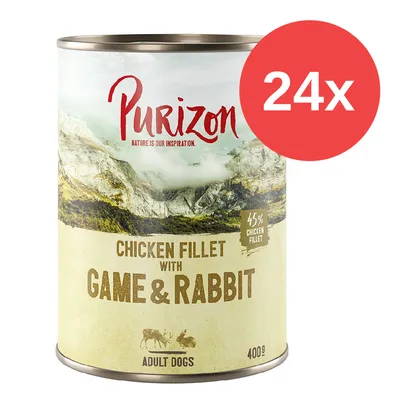 Purizon comida húmeda para perros adultos, variedad Chicken Fillet con venado y conejo, 45% filete de pollo, tamaño del paquete: 24x400g.