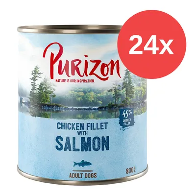 Purizon Chicken Fillet con salmón, 45% filete de pollo, para perros adultos, lata de 800g, paquete de 24 unidades.