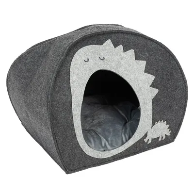 Gråt kæledyrsseng i dinosaurdesign med polstret inderside og filtmateriale. Åbning foran for nem adgang.