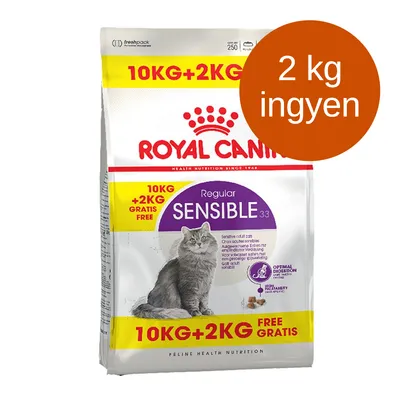 Royal Canin Sensible 33 macskaeledel, 10 kg + 2 kg ingyen csomagolás, lila és sárga feliratokkal, szürke macskával a csomagon