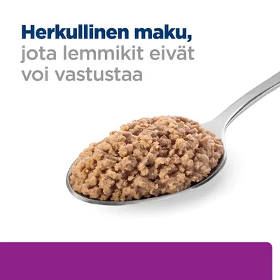 Herkullinen maku, jota lemmikit eivät voi vastustaa. Kuvassa lusikallinen ruskeaa märkäruokaa.