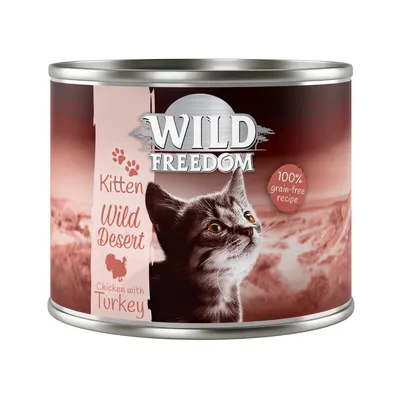 Wild Freedom Kitten Wild Desert, kuře s krůtou, 100% receptura bez obilovin. Konzerva pro kočky s motivem krajiny a kočky.