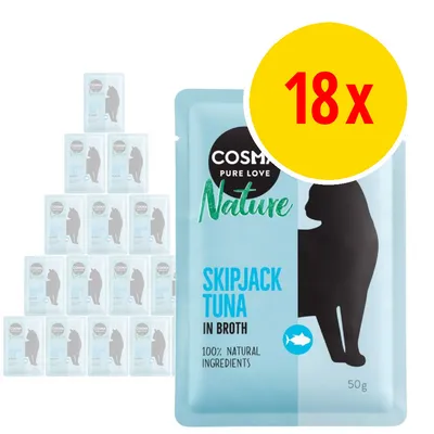 Multipack of 18 Cosma Nature Skipjack Tuna in Broth, 50g pouches, labelled as 100% natural ingredients.
