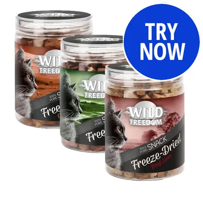 Three jars of Wild Freedom freeze-dried snack, including beef liver flavour, with a blue circle stating 'Try Now'.