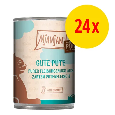 Mjamjam Gute Pute, purer Fleischgenuss aus zartem Putenfleisch, getreidefrei. Gelber Kreis mit rotem Text: 24x. Mjamjam Gute Pute, purer Fleischgenuss aus zartem Putenfleisch, getreidefrei. Gelber Kreis mit rotem Text: 24x.