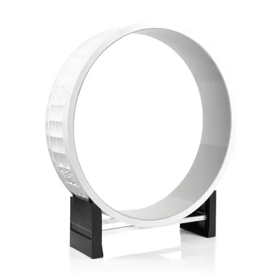 Large white exercise wheel with black plastic stand, circular design, made from smooth plastic. No visible branding or text.