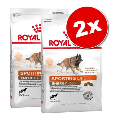 Två påsar Royal Sporting Life Energy 4300 hundfoder, text: 'Running, Obedience, Tracking', 'ADULT ALL SIZES', stor röd cirkel med '2x' i vitt. Två påsar Royal Sporting Life Energy 4300 hundfoder, text: 'Running, Obedience, Tracking', 'ADULT ALL SIZES', stor röd cirkel med '2x' i vitt.