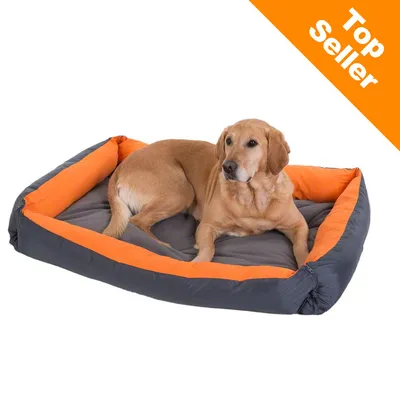 Pes leží na sivom a oranžovom pelechu, v pravom hornom rohu obrázka je nápis Top Seller na oranžovom pozadí.