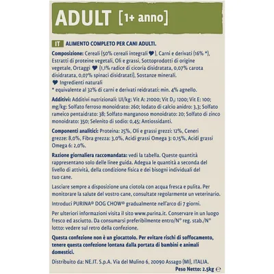 ADULT [1+ anno] Alimento completo per cani adulti. Composizione, additivi, componenti analitici, razione giornaliera raccomandata, avvertenze, peso netto 2,5 kg, distribuito da NE.IT.