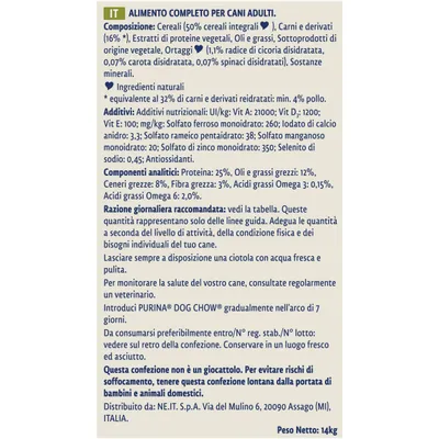 Alimento completo per cani adulti. Composizione, additivi, componenti analitici, razione giornaliera raccomandata, avvertenze di sicurezza, peso netto 14 kg, distribuito da NE.IT. S.p.A.