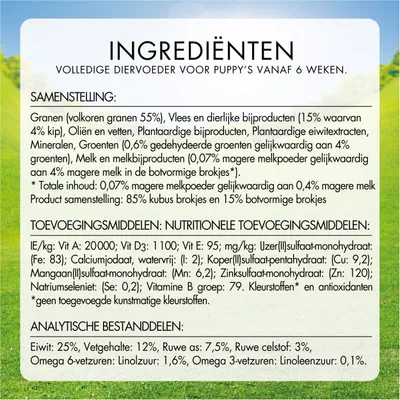 Tableau en néerlandais : ingrédients, additifs nutritionnels et analyse pour aliment complet chiot. Protéines 25 %, matières grasses 12 %, fibres brutes 3 %, Omega 6 1,6 %, Omega 3 0,1 %.