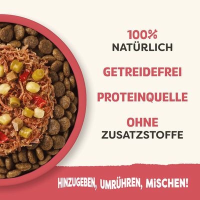 100% natürlich, getreidefrei, Proteinquelle, ohne Zusatzstoffe. Hinzugeben, umrühren, mischen!