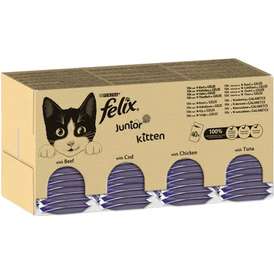 Balení Purina Felix Junior Kitten 40× kapsiček: with Beef, with Cod, with Chicken, with Tuna. Viditelné informace o složení a porcích na obalu.