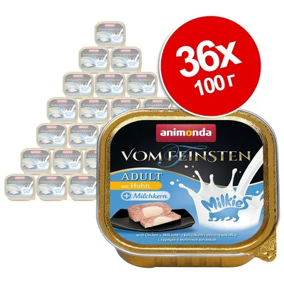 36 броя Animonda Vom Feinsten Adult mit Huhn + Milchkern, 100 г. Видими са опаковките с надписи: Milkies, with Chicken + Milk core. 36 броя Animonda Vom Feinsten Adult mit Huhn + Milchkern, 100 г. Видими са опаковките с надписи: Milkies, with Chicken + Milk core.