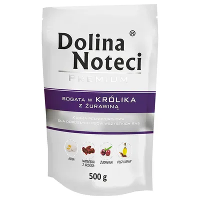 Dolina Noteci Premium, reich an Kaninchen und Cranberry, Alleinfuttermittel für erwachsene Hunde aller Rassen, 500 g. Zutaten: Ei, Kaninchenleber, Cranberry, Leinöl.