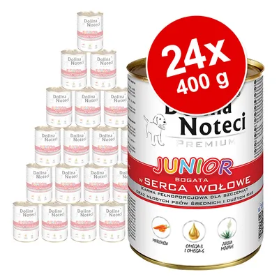 Dolina Noteci Premium Junior, reich an Rinderherzen. Komplettfutter für Welpen und junge Hunde mittlerer und großer Rassen. Packung: 24 Dosen à 400 g mit Karotten, Omega-3 und Yucca Mojave.
