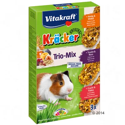 Vitakraft Kräcker Original Trio-Mix, sokeriton resepti, 3x. Makuina hunaja & speltti, viinirypäle & pähkinä, hedelmä & hiutaleet. Marsun kuva pakkauksessa.