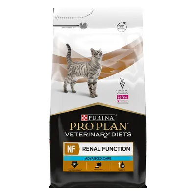 Bag labelled Pro Plan Veterinary Diets NF Renal Function Advanced Care, with icons for restricted protein, great taste, and omega-3. Designed to be recyclable. ISFM certified.