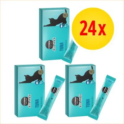 Cosma Juicy Snack Tuna, 3 förpackningar med portionspåsar. Stor gul cirkel med röd text: 24x.