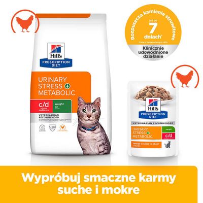 Hill's Prescription Diet Urinary Stress + Metabolic karma sucha i mokra, c/d Multicare, z kurczakiem. Uwaga: Rozpuszcza kamienie struwitowe w ciągu 7 dni według badań klinicznych.