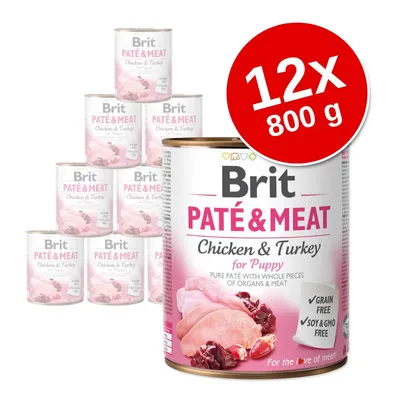 Brit Paté & Meat Chicken & Turkey for Puppy, zestaw 12 puszek po 800 g. Widoczne napisy: grain free, soy & GMO free.