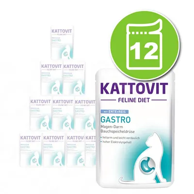 KATTOVIT Feline Diet Gastro mit Ente+Reis, lot de 12 sachets. Texte visible : Magen-Darm Bauchspeicheldrüse, fettarm und leicht verdaulich, hoher Elektrolytgehalt.