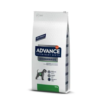 Sac de croquettes Advance Veterinary Diets Leishmaniasis, nouvelle formule, 12 kg. Texte visible : Oral Protection, Cellular Immunity, High Digestibility. Image d’un chien sur l’emballage.