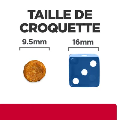 Taille de croquette : diamètre 9,5 mm comparé à un dé bleu de 16 mm. Texte visible : TAILLE DE CROQUETTE, 9.5 mm, 16 mm.