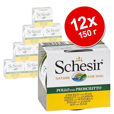 Schesir Nature for Dog, Pollo con Prosciutto, упаковка 12×150 г. Видны коробки с надписями на разных языках: Chicken with Ham, Poulet avec Jambon, Huhn mit Schinken.
