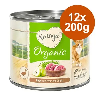 Feringa Organic, 12x200g, Duck with Pears and Catnip, 72 % selected animal ingredients, sans céréales, image de chat et poire visibles sur l’emballage.