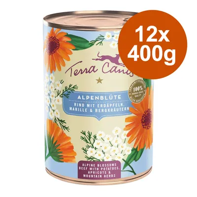 Terra Canis Alpenblüte, 12x400g. Texte visible : Rind mit Erdäpfeln, Marille & Bergkräutern. Alpine Blossoms Beef with Potatoes, Apricots & Mountain Herbs.