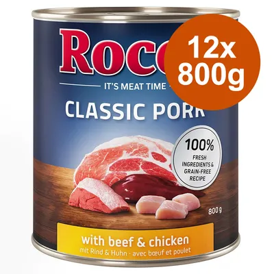 Rocco Classic Pork, boîte 800 g avec bœuf et poulet, lot de 12 x 800 g, 100 % ingrédients frais, recette sans céréales. Texte en anglais et allemand visible sur l'emballage.