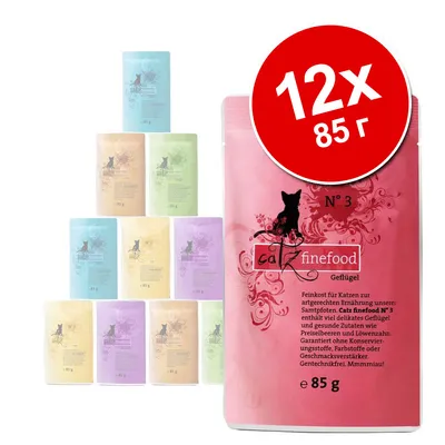 Пакетчета котешка храна catz finefood, различни цветове и вкусове, надпис 12x85 г. Видим текст: catz finefood №3 Geflügel, e 85 г.