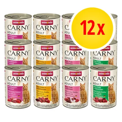 12 lattine Animonda Carny Adult per gatti, vari gusti visibili: Multifleisch-Cocktail, Rind Huhn + Entenherzen, Rind Pute + Shrimps, Rind Pute + Kaninchen. Gatto illustrato su ogni lattina.