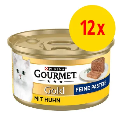 Purina Gourmet Gold Feine Pastete mit Huhn, 12x. Bild på konservburk med katt och bitar av paté på tallrik. Text på tyska. Purina Gourmet Gold Feine Pastete mit Huhn, 12x. Bild på konservburk med katt och bitar av paté på tallrik. Text på tyska.