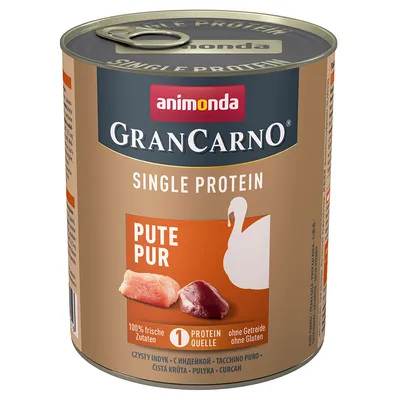 animonda GranCarno Single Protein Pute Pur, 100% frische Zutaten, 1 proteinbron, zonder granen en gluten. Blik hondenvoer met kalkoen zichtbaar op het etiket.