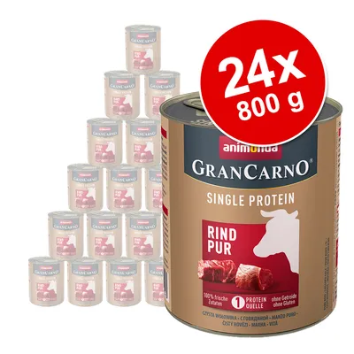 animonda GranCarno Single Protein Rind Pur, 24 blikken à 800 g. Opdruk: 100% frisse ingrediënten, 1 proteïnebron, zonder granen of gluten. animonda GranCarno Single Protein Rind Pur, 24 blikken à 800 g. Opdruk: 100% frisse ingrediënten, 1 proteïnebron, zonder granen of gluten.