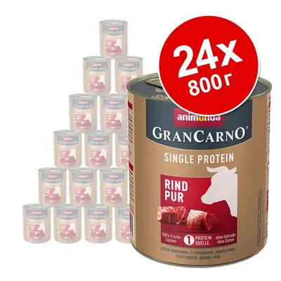 24 консерви Animonda GranCarno Single Protein Rind Pur, 800 г. Видими надписи: 100% frische Zutaten, 1 Protein Quelle, ohne Getreide ohne Gluten.