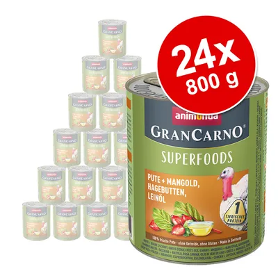 animonda GranCarno Superfoods, 24x800 g, Pute + Mangold, Hagebutten, Leinöl. Prikaz pakiranja konzervirane hrane s vidljivim sastojcima i natpisom '1 tierisches protein'. animonda GranCarno Superfoods, 24x800 g, Pute + Mangold, Hagebutten, Leinöl. Prikaz pakiranja konzervirane hrane s vidljivim sastojcima i natpisom '1 tierisches protein'.