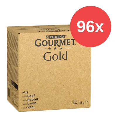 Purina Gourmet Gold Pâté, 96x85g, Sorten: Rind, Kaninchen, Lamm, Kalb. Purina Gourmet Gold Pâté, 96x85g, Sorten: Rind, Kaninchen, Lamm, Kalb.