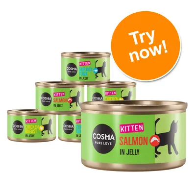 Cosma Pure Love Kitten in Jelly tins: Salmon, Skipjack Tuna, Chicken Breast. Orange badge with white text: Try now!