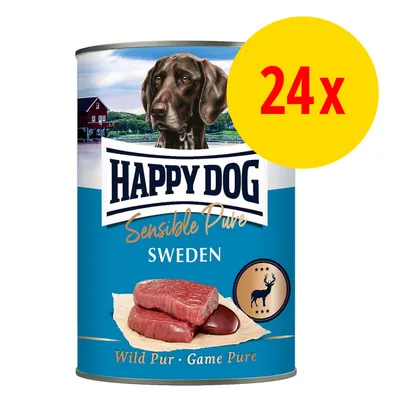 Confezione da 24x Happy Dog Sensible Pure Sweden, Wild Pur Game Pure. Immagine di carne rossa e fegato, scritta SWEDEN, marchio con cervo. Confezione da 24x Happy Dog Sensible Pure Sweden, Wild Pur Game Pure. Immagine di carne rossa e fegato, scritta SWEDEN, marchio con cervo.