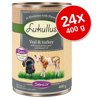 Lukullus Veal & turkey, Senior, 400 g konzerv, 24×400 g csomag. Felirat: Extra Green-lipped mussel, with sweet potato, pear and linseed oil.