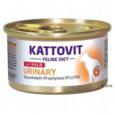 Lata de comida para gatos Kattovit Feline Diet Urinary mit Kalb, Struvitstein-Prophylaxe (FLUTD), texto en alemán visible en la etiqueta.