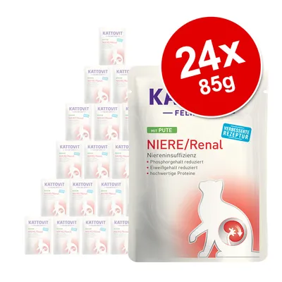 Kattovit Feline Niere/Renal met kalkoen, 24x85g. Verlaagd fosforgehalte, verlaagd eiwitgehalte, hoogwaardige eiwitten. Verbeterde formule voor nierinsufficiëntie.