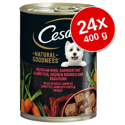 Cesar Natural Goodness konzerv, 24×400 g, marhahússal, sárgarépával, zöldbabbal és fűszernövényekkel. Felirat németül és franciául is látható. Cesar Natural Goodness konzerv, 24×400 g, marhahússal, sárgarépával, zöldbabbal és fűszernövényekkel. Felirat németül és franciául is látható.