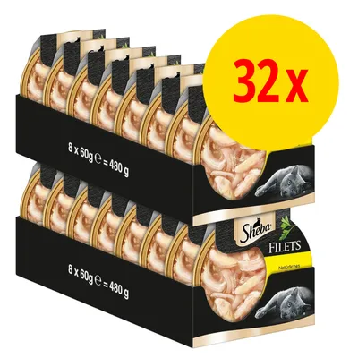 Sheba Filets, confezione da 32 vaschette. Testo visibile: 8 x 60 g = 480 g, Sheba Filets, Natürliches. Immagine di un gatto sulla confezione.