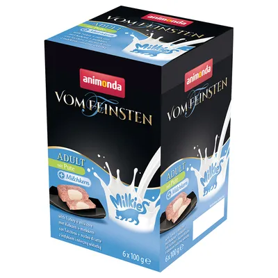 Animonda Vom Feinsten Adult s morčacím a mliečnym jadrom, 6 x 100 g. Mokré krmivo pre mačky s logom Milkies na obale.